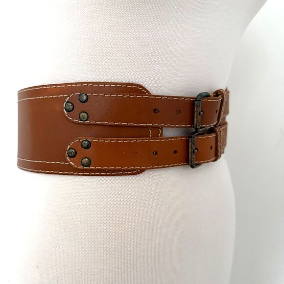 VTG Divided H&M Vintage Brown Leather Double Buckle Wide Waist Cinch Belt Sz S main image 4